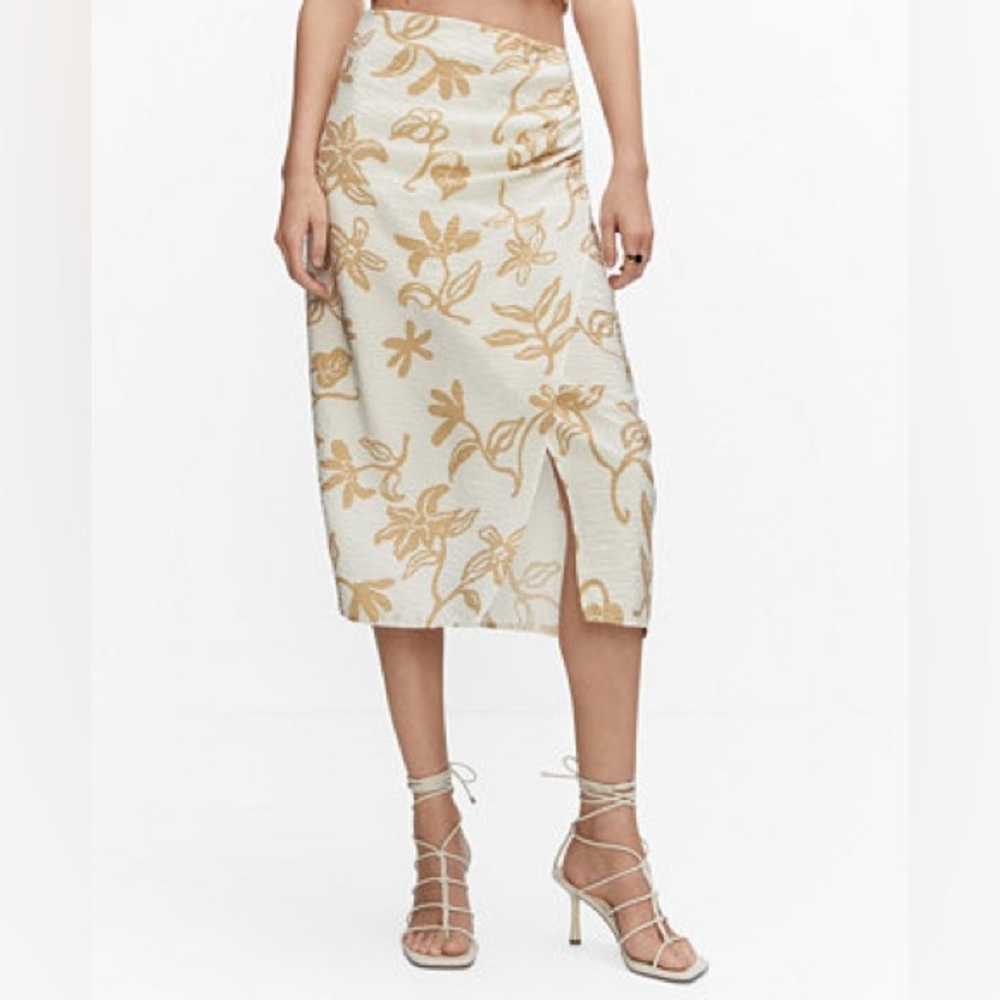 Mango Cream and Gold Floral Midi Skirt